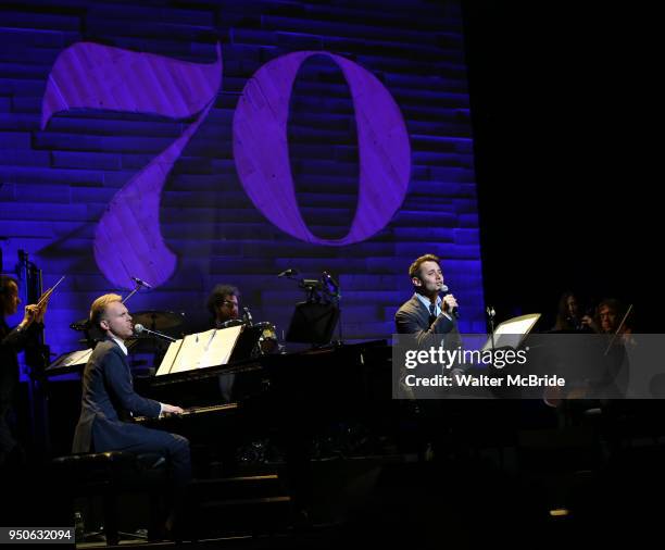 Justin Paul and Benj Pasek performing at the Dramatists Guild Foundation toast to Stephen Schwartz with a 70th Birthday Celebration Concert at The...