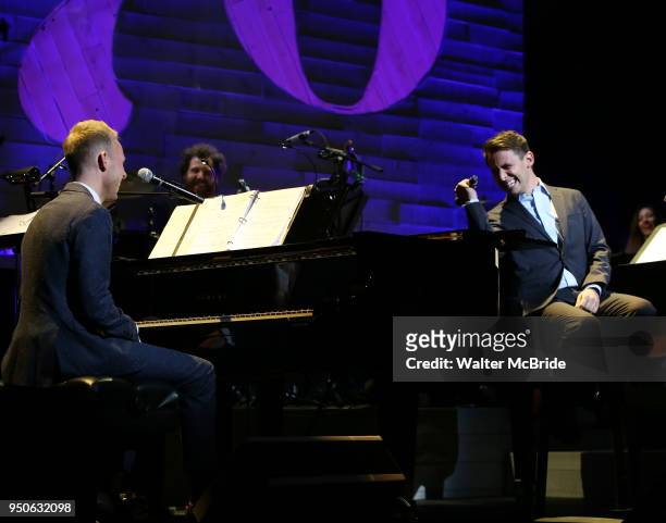 Justin Paul and Benj Pasek performing at the Dramatists Guild Foundation toast to Stephen Schwartz with a 70th Birthday Celebration Concert at The...