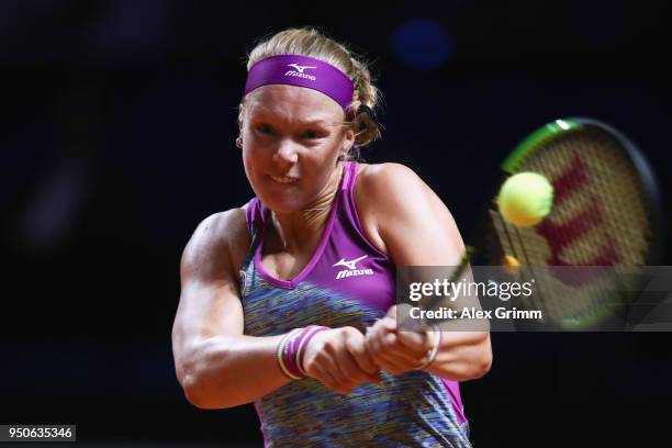 Kiki Bertens of Netherlands plays a backhand to Karolina Pliskova of Czech Republic during day 2 of the Porsche Tennis Grand Prix at Porsche-Arena on...