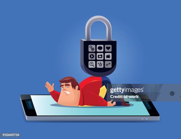 sad businessman with padlock and smartphone - i miss it stock illustrations