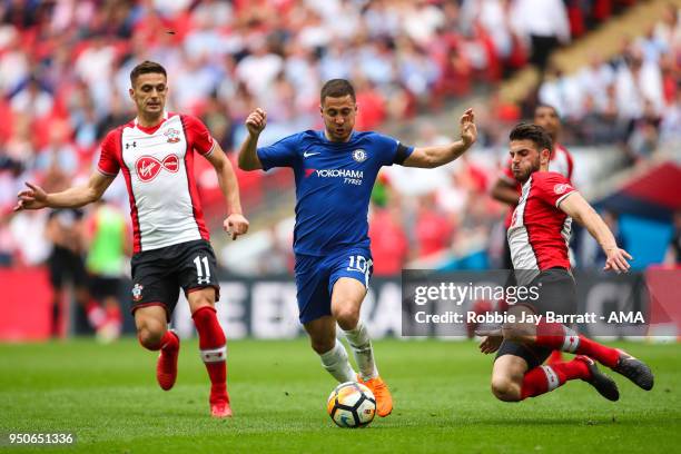 Eden Hazard of Chelsea and Wesley Hoedt of Southampton during The Emirates FA Cup Semi Final match between Chelsea and Southampton at Wembley Stadium...