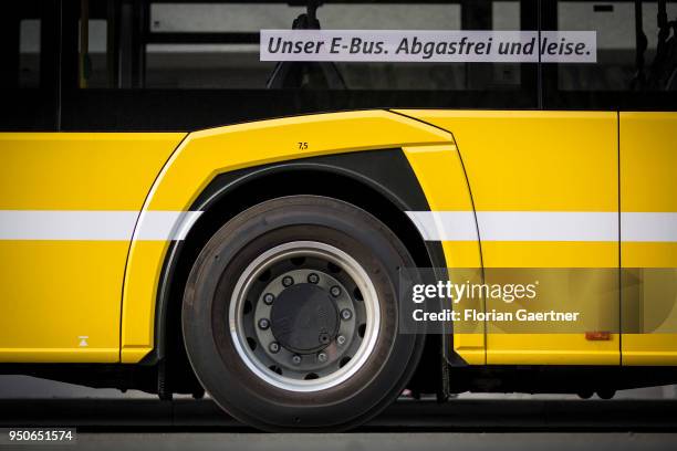 An electric bus is pictured on April 24, 2018 in Berlin, Deutschland.