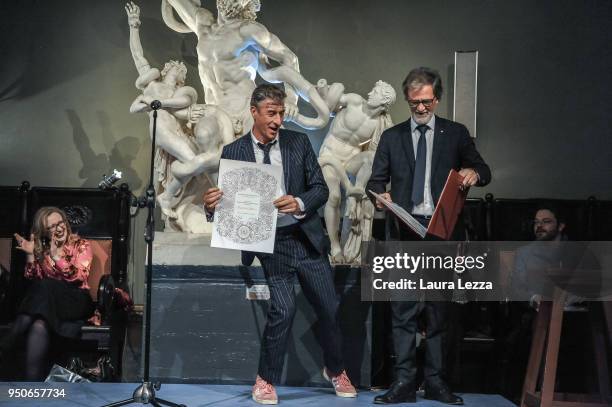 Italian artist Maurizio Cattelan is given title of Honorary Professor of sculpture at the Accademia delle Belle Arti on April 23, 2018 in Carrara,...