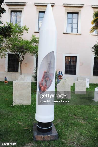 The gravestone of artist Banksy from the art installation Eternity is displayed after the ceremony where Italian artist Maurizio Cattelan is given...