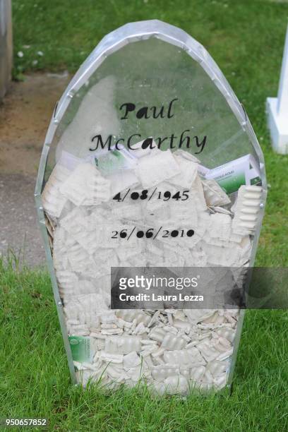 The gravestone of Paul McCarthy from the art installation Eternity is displayed after the ceremony where Italian artist Maurizio Cattelan is given...