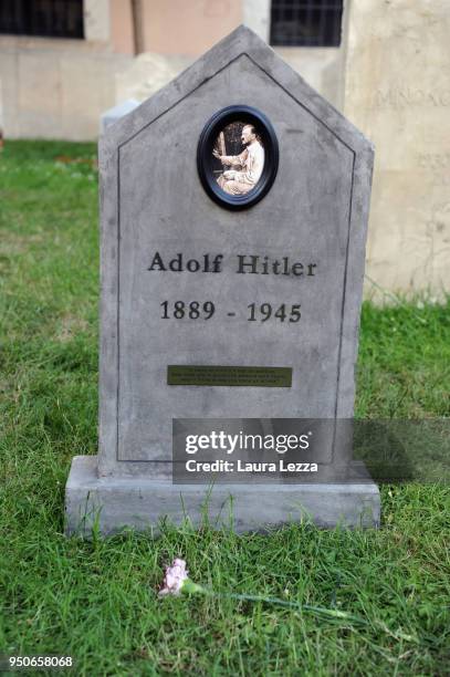 The gravestone of Adolf Hitler from the art installation Eternity is displayed after the ceremony where Italian artist Maurizio Cattelan is given...