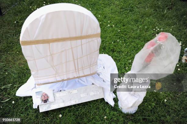 The gravestone of artist Christo from the art installation Eternity is displayed after the ceremony where Italian artist Maurizio Cattelan is given...