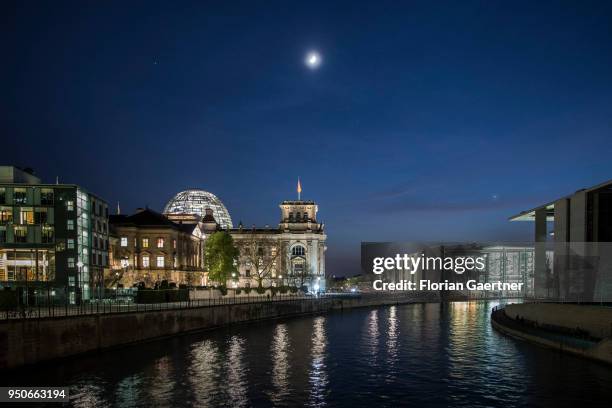 The Reichstag building is pictured during blue hour on April 19, 2018 in Berlin, Germany.