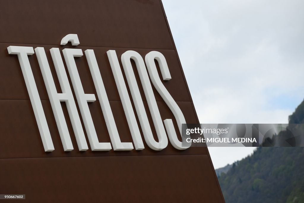 A picture taken on April 24, 2018 shows the logo of Thelios at the News  Photo - Getty Images