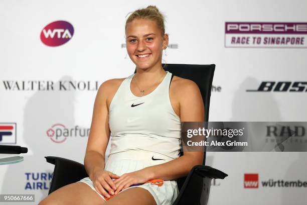 Marta Kostyuk of Ukraine talks to the media during day 2 of the Porsche Tennis Grand Prix at Porsche-Arena on April 24, 2018 in Stuttgart, Germany.