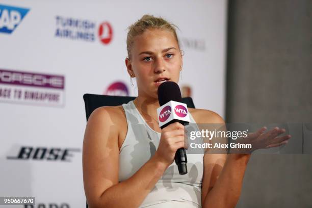 Marta Kostyuk of Ukraine talks to the media during day 2 of the Porsche Tennis Grand Prix at Porsche-Arena on April 24, 2018 in Stuttgart, Germany.