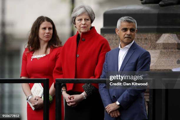 Activist Caroline Criado-Perez, British Prime Minister Theresa May and Mayor of London Sadiq Khan attend the official unveiling of a statue in honour...