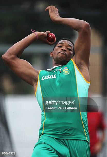Makhaya Ntini of South Africa in action bowling during a South Africa nets session at Kingsmead Cricket Ground on December 23, 2009 in Durban, South...