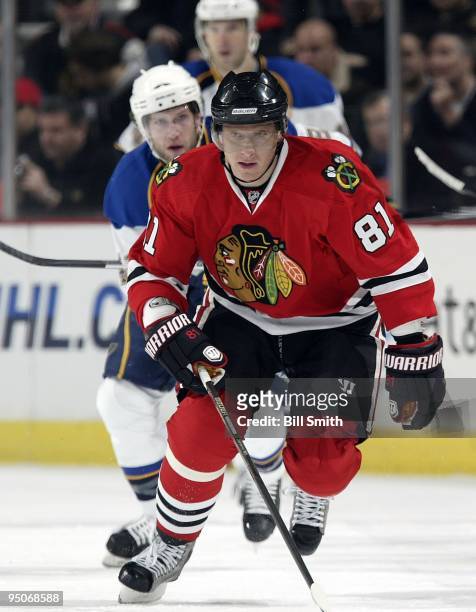 Marian Hossa of the Chicago Blackhawks skates up the ice during a game against the St. Louis Blues on December 16, 2009 at the United Center in...