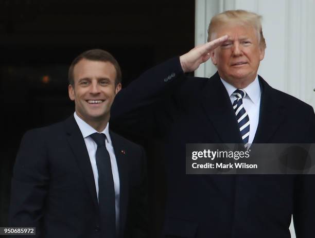 President Donald Trump welcomes French President Emmanuel Macron, during an arrival ceremony at the White House April 24, 2018 in Washington, DC....