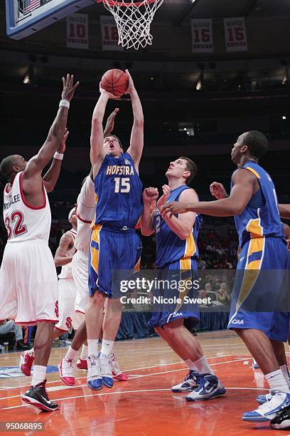 Halil Kanacevic of Hofstra Pride goes up for a shot against St. John's Red Storm at Madison Square Garden on December 20, 2009 in New York, New York.