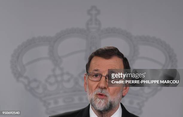 Spanish Prime Minister Mariano Rajoy holds a joint press conference with his Turkish counterpart at La Moncloa Palace in Madrid on April 24, 2018.