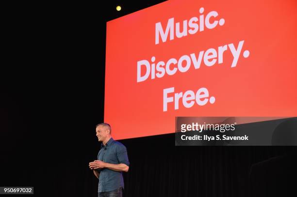 Spotify Chief R&D Officer Gustav Soderstrom introduces Spotifys new ad-supported mobile version at a news conference at Gramercy Theatre on April...