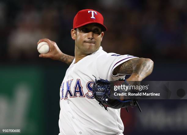 Matt Bush of the Texas Rangers at Globe Life Park in Arlington on April 23, 2018 in Arlington, Texas.