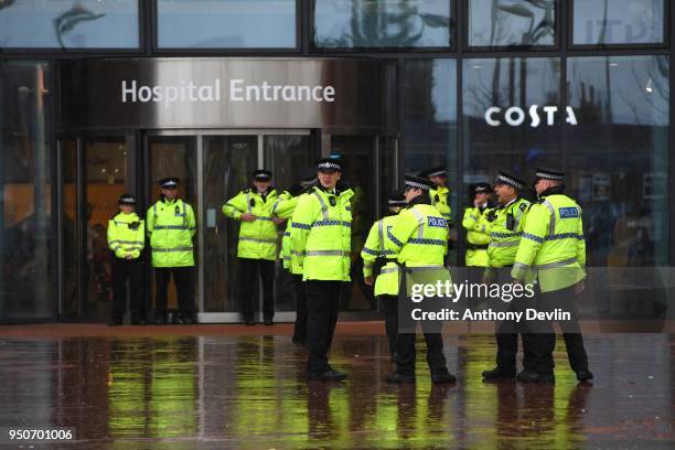 Police stand guard outside Alder Hey Children's Hospital on April 24, 2018 in Liverpool, England. Earlier today, Tom Evans the father of seriously...