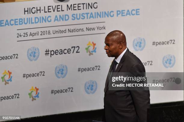 The President of Central African Republic, Faustin Archange Touadera, leaves after speaking during the 72nd High-level Meeting on Peacebuilding and...