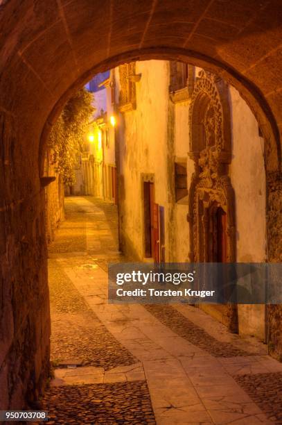 archway, arco de almedina, at dusk, historic centre, coimbra, beira litoral, centro region, portugal - distrito de coímbra fotografías e imágenes de stock