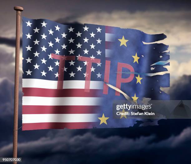 eu and usa flag with ttip writing, gloomy atmosphere, computer graphic - ttip stock illustrations