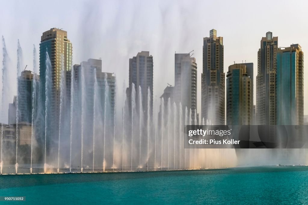 Fountains in front of skyscrapers, Dubai, United Arab Emirates