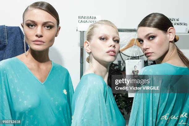 Model backstage at the Agua de Coco fashion show during the SPFW N45 Summer 2019 on April 21, 2018 in Sao Paulo, Brazil.