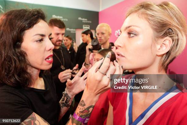 Model backstage at the Agua de Coco fashion show during the SPFW N45 Summer 2019 on April 21, 2018 in Sao Paulo, Brazil.