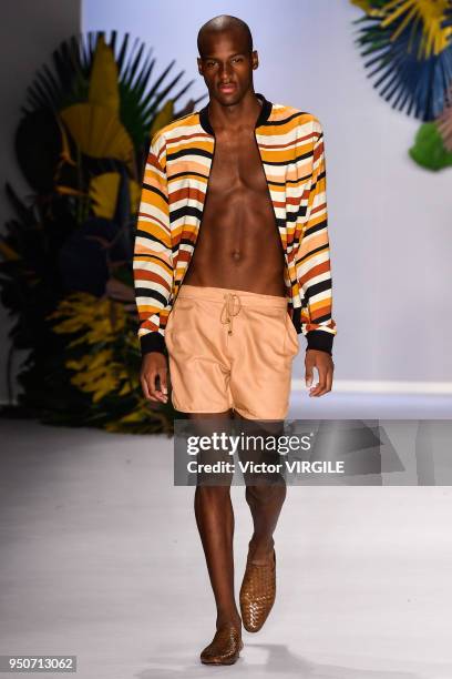 Model walks the runway at the Agua de Coco fashion show during the SPFW N45 Spring Summer 2019 on April 21, 2018 in Sao Paulo, Brazil.