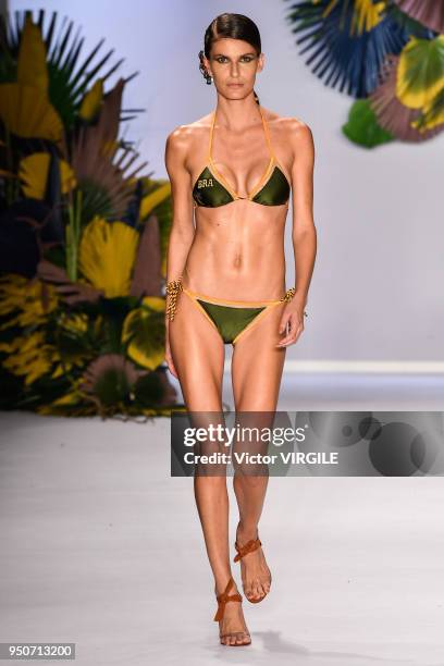 Model walks the runway at the Agua de Coco fashion show during the SPFW N45 Spring Summer 2019 on April 21, 2018 in Sao Paulo, Brazil.