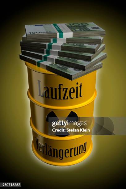 euro bills piling up on barrel of nuclear waste with inscription saying lifetime extension - money piling up stock illustrations