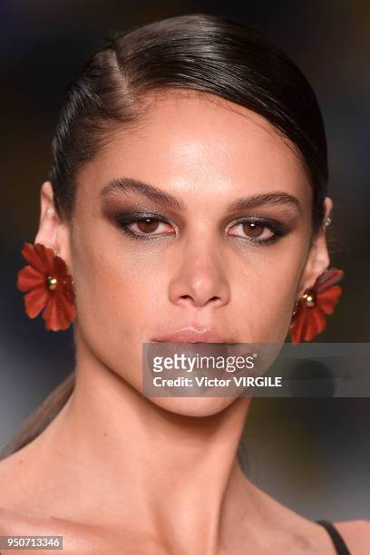 Model walks the runway at the Agua de Coco fashion show during the SPFW N45 Spring Summer 2019 on April 21, 2018 in Sao Paulo, Brazil.