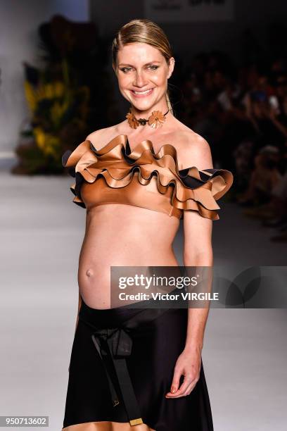 Model walks the runway at the Agua de Coco fashion show during the SPFW N45 Spring Summer 2019 on April 21, 2018 in Sao Paulo, Brazil.