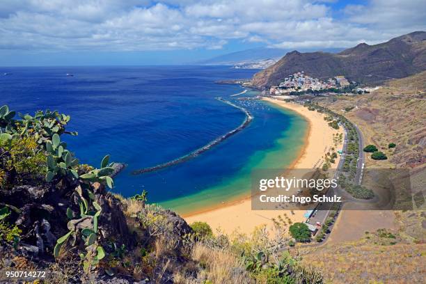 beach, playa de las teresitas, san andres, santa cruz in the background, tenerife, canary islands, spain - playa de las teresitas stock pictures, royalty-free photos & images