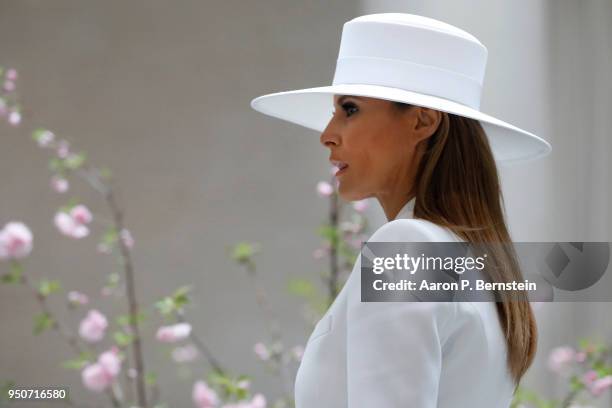 April 24: First Lady Melania Trump tours the National Gallery of Art on April 24, 2018 in Washington, DC. President Donald Trump is hosting French...
