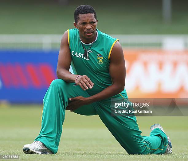 Makhaya Ntini of South Africa looks on during a South Africa nets session at Kingsmead Cricket Ground on December 23, 2009 in Durban, South Africa.