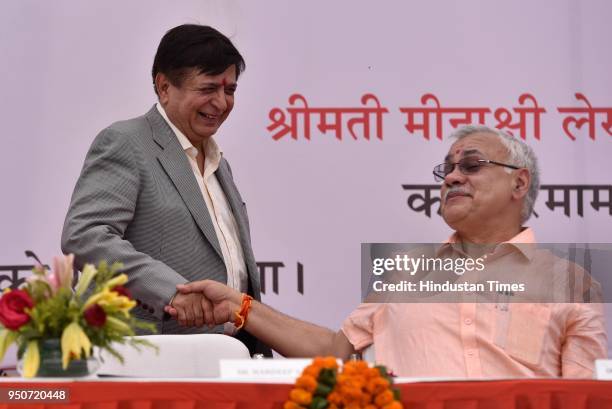 Navin Raheja, owner of Raheja Builders during the stone-laying ceremony of Kathputli colony, on April 24, 2018 in New Delhi, India. Urban Development...