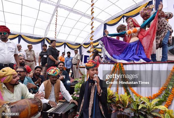 Kathputli artists perform during the stone-laying ceremony of Kathputli colony, on April 24, 2018 in New Delhi, India. Urban Development Minister...