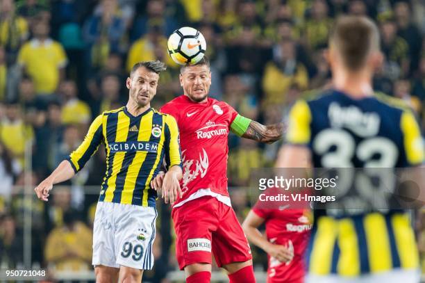 Roberto Soldado of Fenerbahce SK, Diego Ângelo de Oliveira of Antalyaspor AS during the Turkish Spor Toto Super Lig match Fenerbahce AS and...