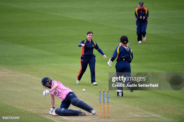 Beth Morgan of Middlesex Women is bowled by Sarah Clarke of MCC by by as Middlesex Women play an MCC Women's team at Lord's Cricket Ground on April...