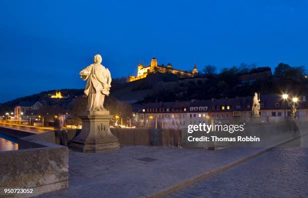 old main bridge, behind marienberg fortress, blue hour, wuerzburg, lower franconia, bavaria, germany - marienberg stock pictures, royalty-free photos & images