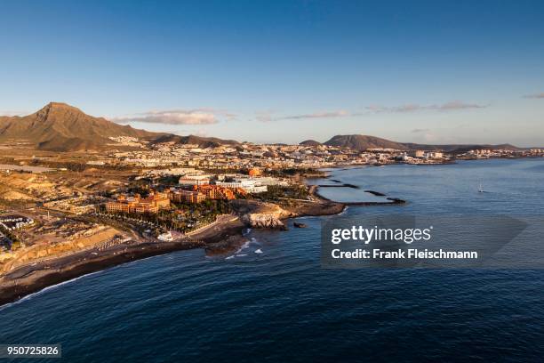 aerial view, coastline with seaside, beach, playa de la enramada, playa de las americas, atlantic coast costa adeje, south coast, tenerife, spain - playa de las americas stock-fotos und bilder