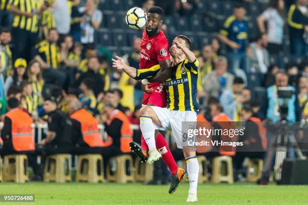 Danon Issouf Johannes Djourou Gbadjere of Antalyaspor AS, Roberto Soldado of Fenerbahce SK during the Turkish Spor Toto Super Lig match Fenerbahce AS...