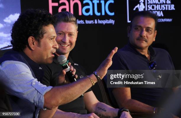 Former Indian Cricketer Sachin Tendulkar, former Australian cricketer Michael Clarke and Indian team coach Ravi Shashtri during a launch of a book...