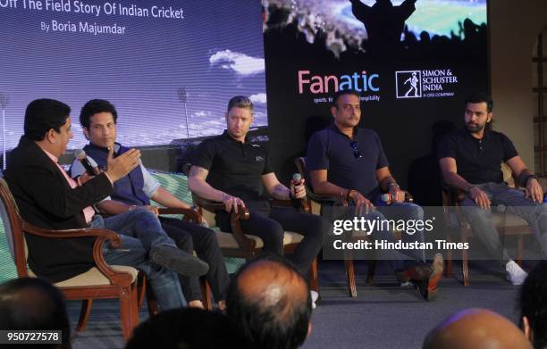 Author Boria Majumdar, former Indian Cricketer Sachin Tendulkar, former Australian cricketer Michael Clarke, Indian team coach Ravi Shashtri and...