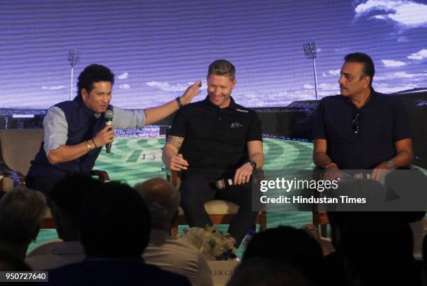 Former Indian Cricketer Sachin Tendulkar, former Australian cricketer Michael Clarke and Indian team coach Ravi Shashtri during a launch of a book...