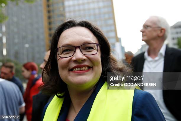 Andrea Nahles, Chairwoman of the German Social Democratic Party , joins Amazon employees protesting against Amazon CEO Jeff Bezos before he arrives...