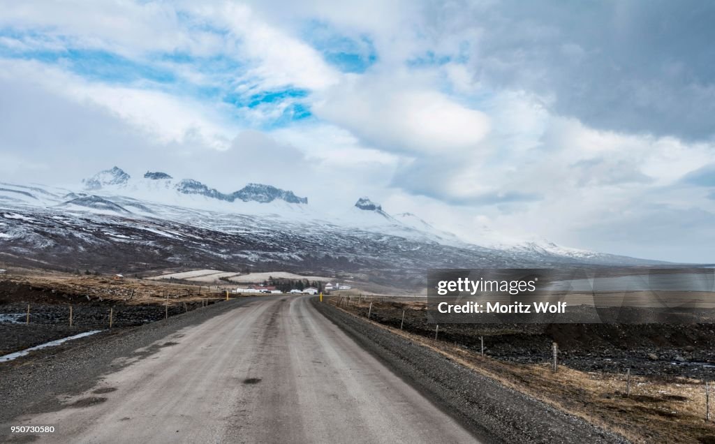 Road through volcanic landscape, ring road, National Highway 1 or Hringvegur, near Djupivogur, East Island, Island